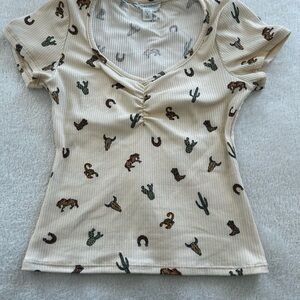 See You Monday Beige Western Print Tee